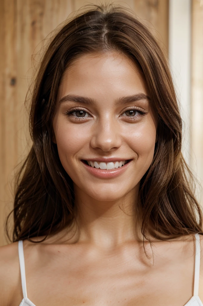 influencer style, photorealistic image, beautiful girl, 26 years old, brown hair, front locks of hair slightly lighter, light brown eyes, classy, 4k, high resolution, high quality, dimples, small wrinkles to look like a real person, white skin, french-german, face close-up, natural photo, smiling, perfect teeth, straight teeth, white teeth
