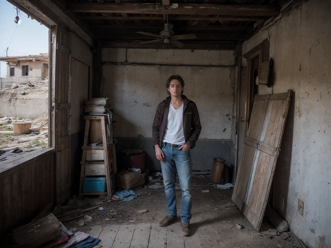 8k uhd, dslr, high quality , RAW photo, Amateur Photography posted to facebook ,Fujifilm XT3, Canon R5, Handsome Men, abandoned town , daylight