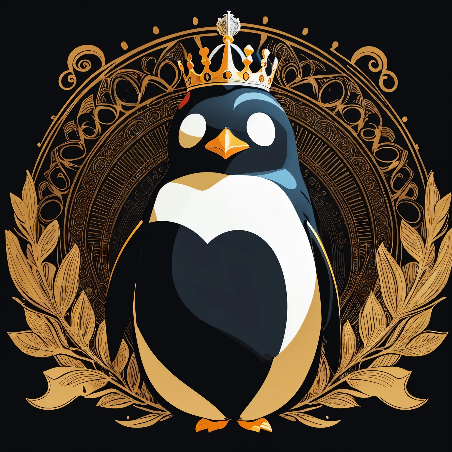 Behold the captivating image of a regally adorned penguin in a crown, gracing a colorful vector illustration on a black background. The design exhibits simple lines and vibrant gradient colors, demonstrating a line art technique with no shadows or intricate details on the penguin's head. The composition boasts a symmetrical arrangement, as the penguin's simple yet compelling design resonates with a symIGwave style, characterized by its uncomplicated colors and alluring harmony.

This artwork carries a remarkable resemblance to the enchanting creations of the renowned Artemisia Gentileschi, who was renowned for her ability to capture the essence of