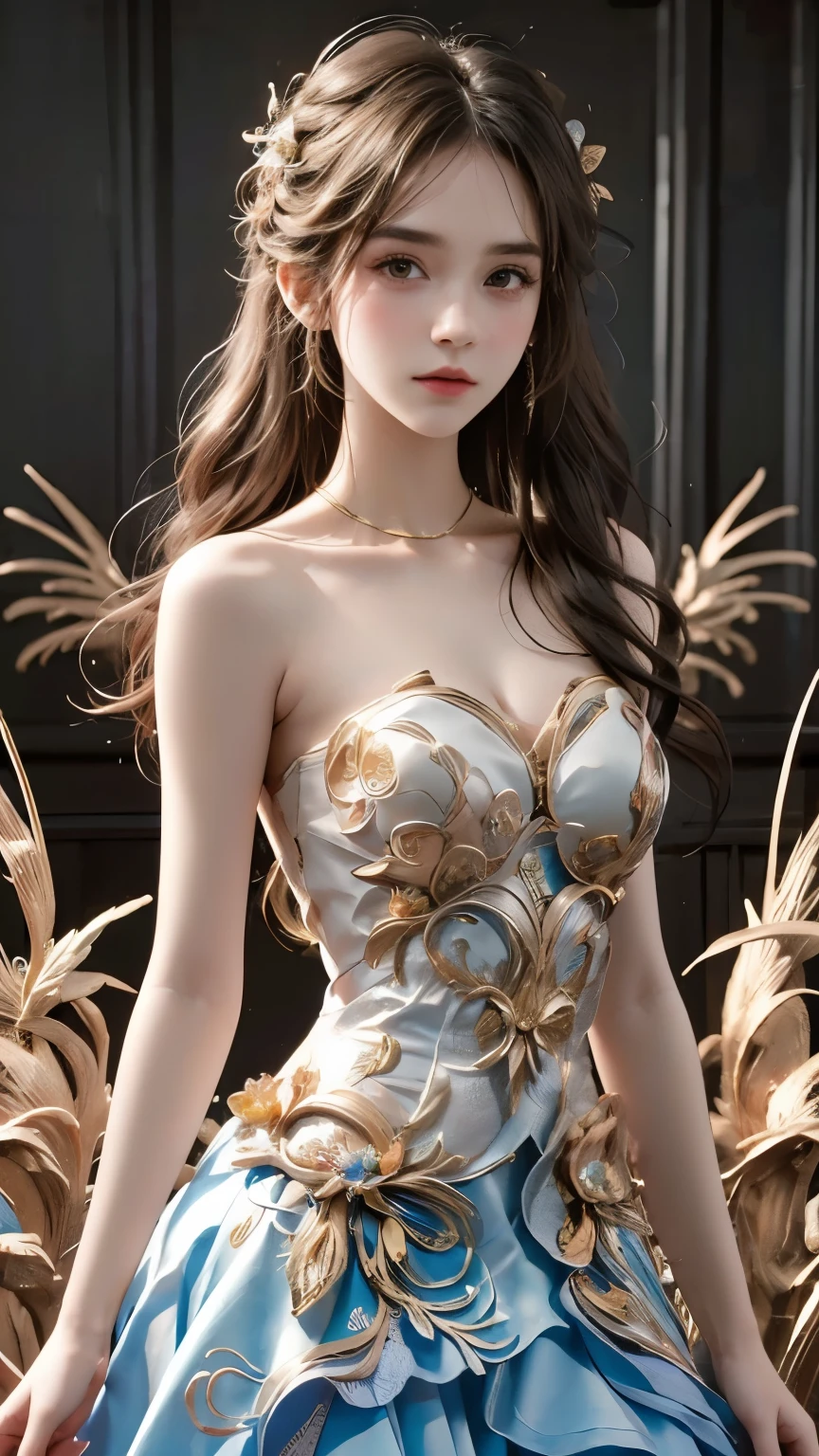 die, die,Off the shoulder dress, masterpiece，best quality，High质量，High清晰度，High质量的纹理，High质量的阴影，High细节，Beautiful details，Fine details，Extremely detailed CG，Detailed texture，lifelike的面部表现，lifelike的，Colorful，Beautifully，Sharp focus，(Intricate details，Pure face_V1:0.5)，(细节美Beautifully脸，(细节美Beautifully眼睛)，perfect比例的脸，HighSkin details，Skin details，The best ratio of four fingers and one thumb，emaciated:1.3)，1 girl，17 years old，High，(光滑的Abdominal muscles:1.55)，(Abdominal muscles:0.5)，beautiful，perfect，High，((Bare shoulders)), ((The skirt is very short)), (Long legs)，(Straight Legs)，(Thin waist)，((White skin))，White skin，((White skin))，(Emma Watson)，Large Breasts，((bule))，Light blonde hair，Standing，Looking at the audience，whole body，Portrait of cute blonde girl，((Standing in the wheat field,look into the distance))，Bloom，Orange Fog，kinetic，strands of hair，lifelike，High品质渲染，amazing art，High品质，film texture，Fuji XT3，Dream