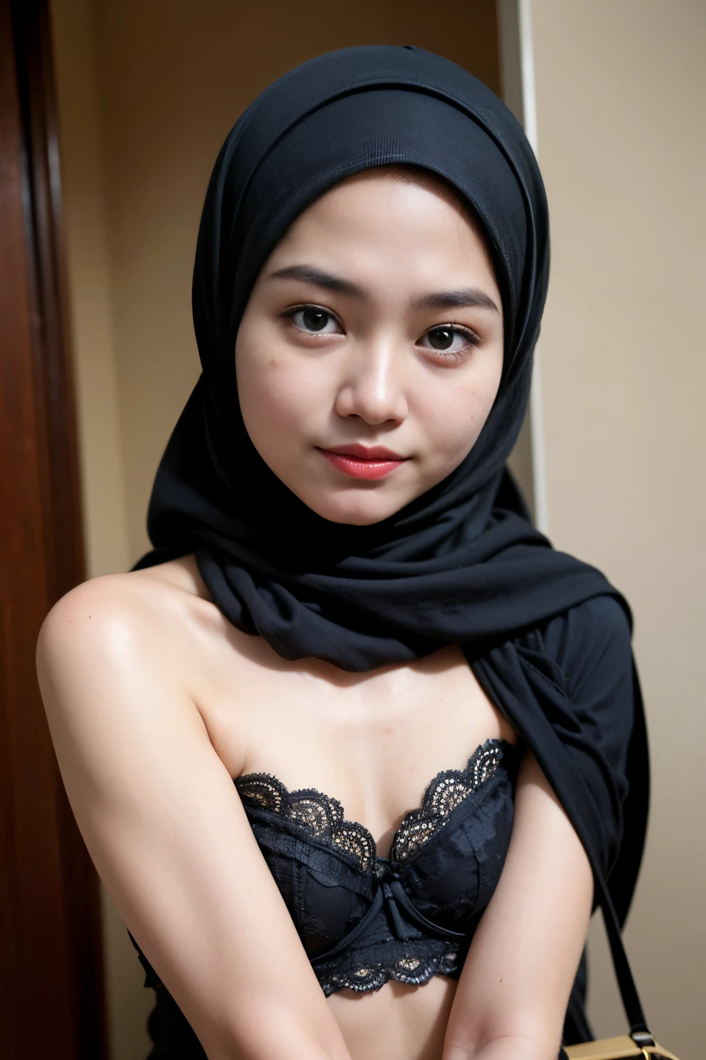 (((HIJAB MALAY GIRL))), masutepiece, High quality, UHD 32K, Realistic face, Realistic skin feeling , A Japanese Lady, 8 years old, , Very cute and baby-like face, (((FLAT CHEST))), (MATRIX WORLD), ((look In front  at the camera and SADNESS)), ((())), (((CUTE GIRL))), ((GOLD LIPS)), ((Floral Pattern)) little wearing strapless bra, strapless colorful bra