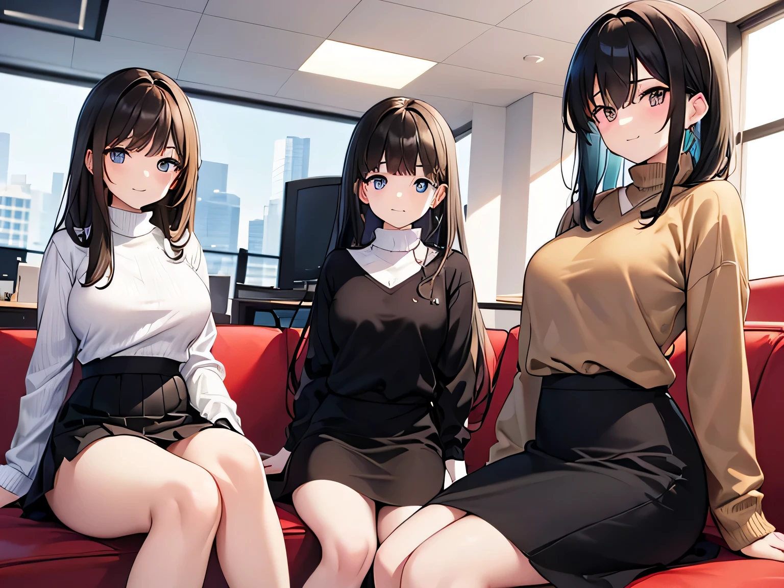 (Masterpiece, top quality, high resolution, realistic photo, realistic looking skin:1.1),
(Three women are sitting on an office couch:1.5),
(All three are smiling: 1.5),
(The first is 25 years old with short black hair, a long-sleeved knit with a V-neck, a white flared skirt and white pumps:1.8),
(The second is 22 years old with long black hair, a crew-neck long-sleeved knit, a black flared skirt, and black pumps: 1.8),
(The third is 23 years old with medium brown hair, a turtleneck long-sleeved knit, a red flared skirt and beige pumps:1.8),
(All three are dressed in office casual clothing:1.8),
(All three have their legs crossed and their panties are almost visible: 1.5),
(The location is a couch in an office break room:1.5),
Full-bodied Esbians, beautiful eyes, glowing eyes, glowing thighs, NSFW.