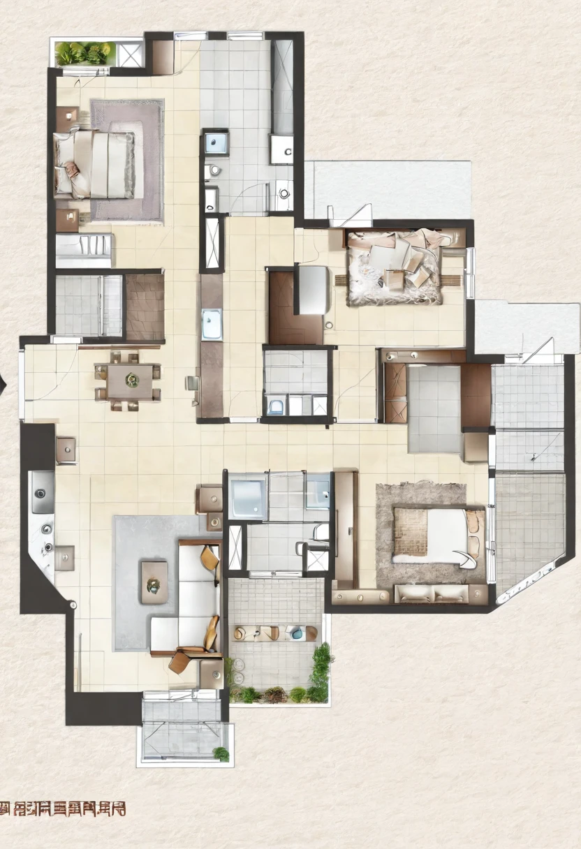 a drawing of a floor plan of a VILLA, floor plan, floor plan view, layout, architectural plan, plan drawing, layout of map, 2 5 6 x 2 5 6, 256x256, plan, single floor, overhead ground floor, petspective room layout, layout design, building plans, 2 d overhead view, floor b2, Drawing the interior of the house on the floor plan of 5m wide, 20.4m long, 600 x 600 mm wooden tiles, modern brown cowhide leather sofa living room, bedroom combined with walnut cabinets, kitchen with stone pedestal , white sink, yellow tiled toilet, wooden door, washing machine, refrigerator, raw image, high quality image, create window with best daylight, EU5 quality render