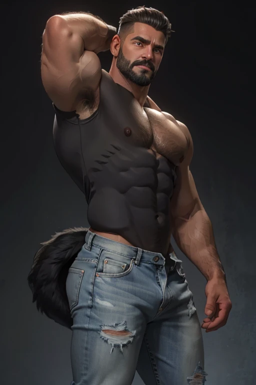 Obra maestra, mejor calidad, ultra detallado, 1 hombre, macho maduro, muscular, pedazo, bara, deportista, carne de res, negro skin, negro, piel bronceada, latino, 36 years old, negro hair, gray fur, barbas de chivo, cabello demasiado cortado, mirando al espectador, serious expression, camiseta gris, Tiro de medio cuerpo, science fiction background, jeans backside