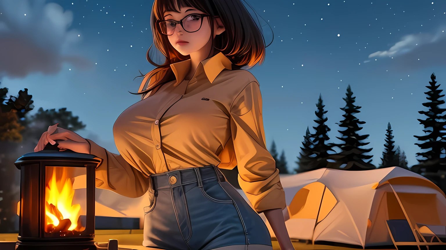 Solo, female, standing near, campfire, (smoky wind), flannel shirt, jeans, scruffy beard, carbonated glasses, marshmallow in hand, night sky above, orange and yellow leaves surrounding, autumn scene, camping gear nearby, crackling sound of the fire, peaceful, by Bebebebebe, by Spikes, By Darkgem, by Mystic Fox 61, by Chunie, deep focus, warm light from the fire illuminating the face, detailed shadows, clear night sky, stars twinkling, crisp autumn air, nostalgic atmosphere, (explicit content, adult, nsfw), high contrast, cinematic, denim skirt