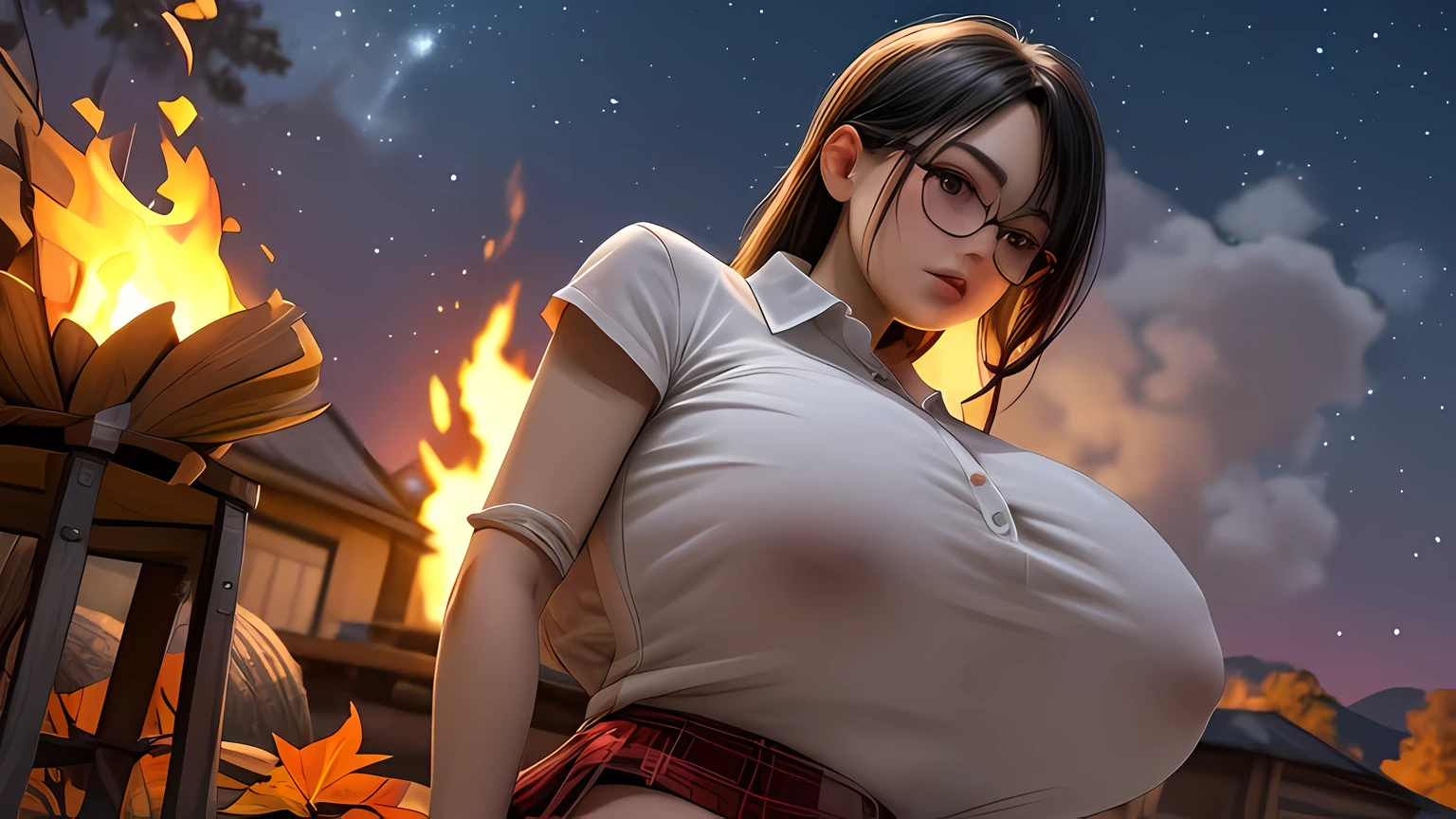 Solo, female, standing near, campfire, (smoky wind), flannel shirt, jeans, scruffy beard, carbonated glasses, marshmallow in hand, night sky above, orange and yellow leaves surrounding, autumn scene, camping gear nearby, crackling sound of the fire, peaceful, by Bebebebebe, by Spikes, By Darkgem, by Mystic Fox 61, by Chunie, deep focus, warm light from the fire illuminating the face, detailed shadows, clear night sky, stars ling, crisp autumn air, nostalgic atmosphere, (explicit content, adult, nsfw), high contrast, cinematic, denim skirt