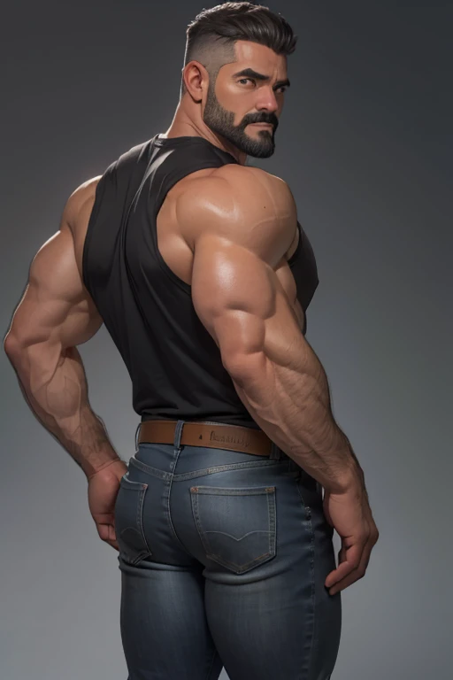 Obra maestra, mejor calidad, ultra detallado, 1 hombre, macho maduro, muscular, pedazo, bara, deportista, carne de res, negro skin, negro, piel bronceada, latino, 36 years old, negro hair, gray fur, barbas de chivo, cabello demasiado cortado, mirando al espectador, serious expression, camiseta gris, Tiro de medio cuerpo, science fiction background, jeans backside backside 