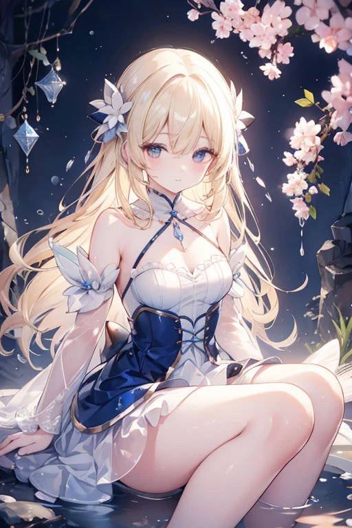 meticuloso、wonderful、Perfect CG unity 8k wallpaper，High-quality depiction、The colors are pure and elegant，delicated、Dynamic angle，moisty、Water droplets, water mist、rays of moonlight、Colorful light，Highlight yellow hair、Fair-skinned lady mink cicada。