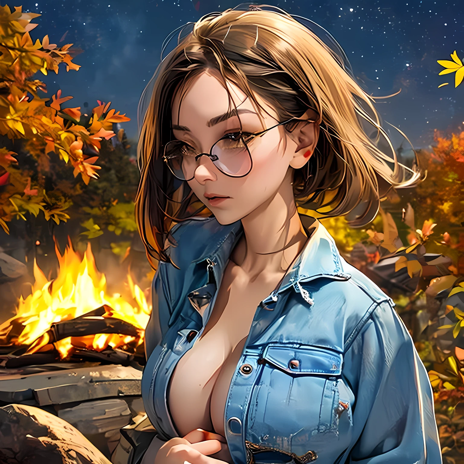 Solo, female, standing near, campfire, (smoky wind), flannel shirt, jeans, scruffy beard, carbonated glasses, marshmallow in hand, night sky above, orange and yellow leaves surrounding, autumn scene, camping gear nearby, crackling sound of the fire, peaceful, by Bebebebebe, by Spikes, By Darkgem, by Mystic Fox 61, by Chunie, deep focus, warm light from the fire illuminating the face, detailed shadows, clear night sky, stars twinkling, crisp autumn air, nostalgic atmosphere, (explicit content, adult, nsfw), high contrast, cinematic, 