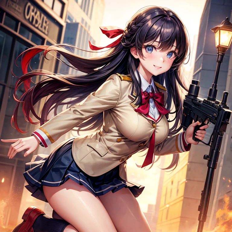 a beauty girl，Ribbon on uniform，Cute uniform，blazers，A smile，Girl with a sniper rifle，Savage Girls，girl，top-quality，Colossal tits，​masterpiece，Excellent style，Erotic Cute，超A high resolution，beautiful a girl，Lovely girl，multicolored hair，Loose socks，HD image quality，beautidful eyes，Perfect Beautiful Girl，Fighting Girls，