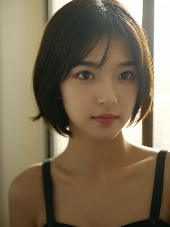 masterpiece, Ultra-high resolution, original photo, 1 girl, cute,Suspenders, Dark environment, Deep shadows, Unobtrusive, A ray of sunlight shines through the window onto my face, front, short hair,Movie Light,Top quality
