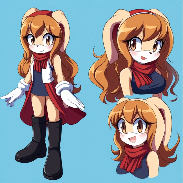 Female, Mobian, Rabbit, Cream the Rabbit, sonic the hedgehog \(series\), rabbit girl, ((solo)), ((1girl)), ((hairstyles, long wavy hair with curtain side bangs, similar to Maria)), brown eyes, young adult, average sized breasts, hair on top of shoulders, long peach hair color that’s is wavy, wearing a blue anime styled scarf, wearing a red one piece, knee length tights, black boots, white gloves, many expressions