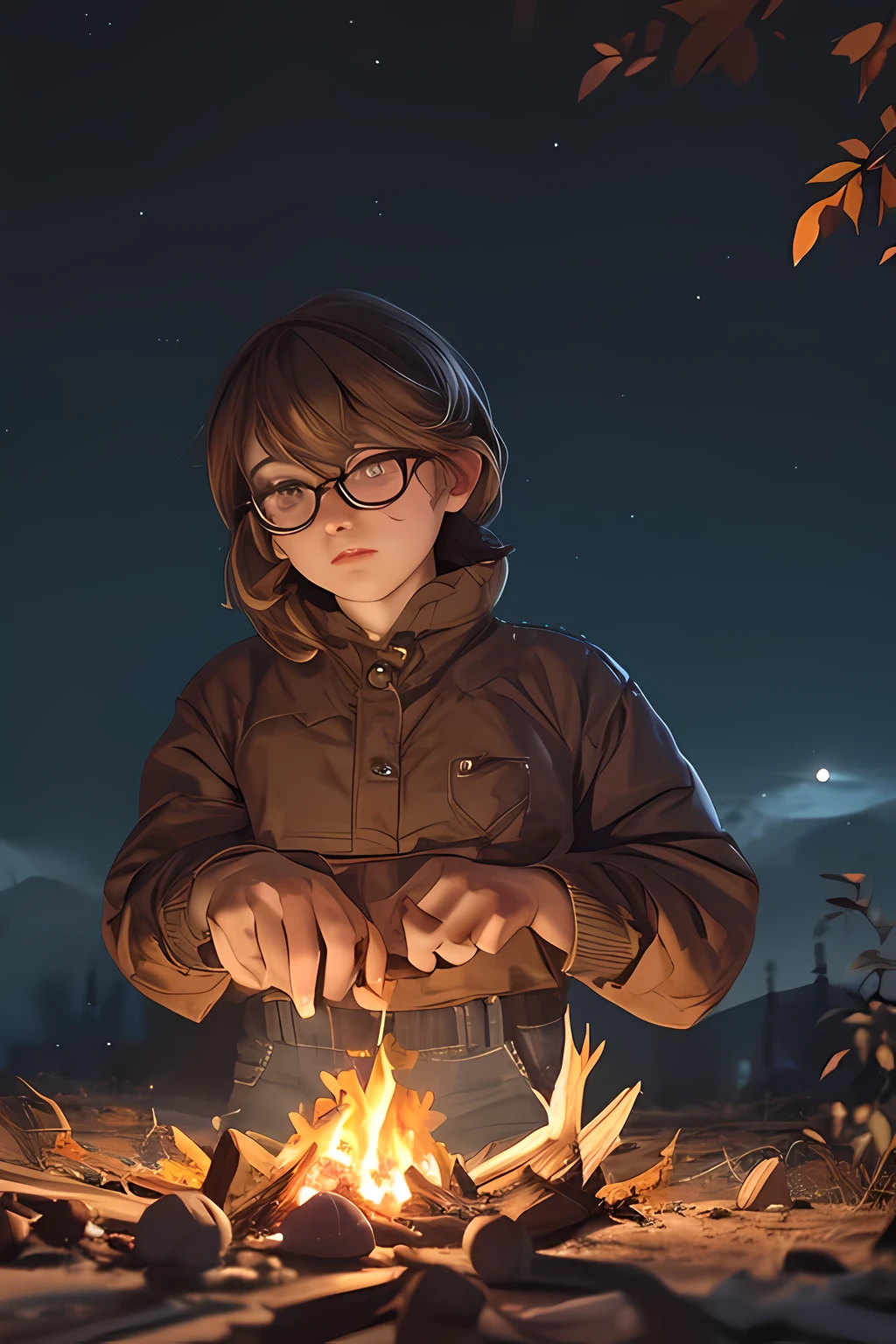 Solo, female, standing near, campfire, (smoky wind), flannel shirt, jeans, scruffy beard, carbonated glasses, marshmallow in hand, night sky above, orange and yellow leaves surrounding, autumn scene, camping gear nearby, crackling sound of the fire, peaceful, by Bebebebebe, by Spikes, By Darkgem, by Mystic Fox 61, by Chunie, deep focus, warm light from the fire illuminating the face, detailed shadows, clear night sky, stars twinkling, crisp autumn air, nostalgic atmosphere, (explicit content, adult, nsfw), high contrast, cinematic,