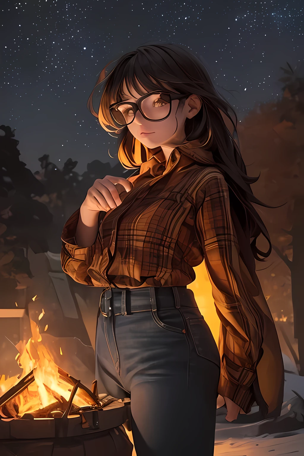 Solo, female, standing near, campfire, (smoky wind), flannel shirt, jeans, scruffy beard, carbonated glasses, marshmallow in hand, night sky above, orange and yellow leaves surrounding, autumn scene, camping gear nearby, crackling sound of the fire, peaceful, by Bebebebebe, by Spikes, By Darkgem, by Mystic Fox 61, by Chunie, deep focus, warm light from the fire illuminating the face, detailed shadows, clear night sky, stars twinkling, crisp autumn air, nostalgic atmosphere, (explicit content, adult, nsfw), high contrast, cinematic, 