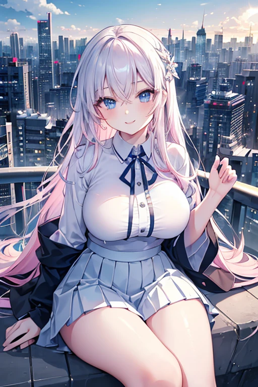 official art, masterpiece, sharp focus, (beautiful gorgeous cute Korean woman:1.3), (beautiful cute korean:1.3), korean beauty, Delicate and beautiful hair and eyes and face, realistic, ultra detailed, beautiful girl, blue sky, glow white particle, (sidelighting:1.2), sun light, white cloud, detailed clouds, slender, Lovely very large breasts and very large hips, smile with teeth, ((smile with eyes, open both eyes)), scenery, long straight hair, sexy facial expression, building, (cityscape:1.7), dynamic hair, long straight hair, detailed platinum pink hair, glow blue eyes, (blue pleated shirts + white skirt), white long socks, pale skin, hair ornament, epic scenery,