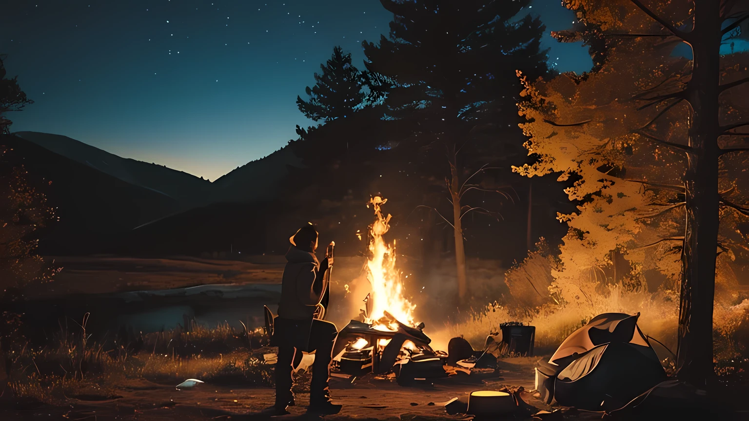 Solo, female, standing near, campfire, (smoky wind), flannel shirt, jeans, scruffy beard, carbonated glasses, marshmallow in hand, night sky above, orange and yellow leaves surrounding, autumn scene, camping gear nearby, crackling sound of the fire, peaceful, by Bebebebebe, by Spikes, By Darkgem, by Mystic Fox 61, by Chunie, deep focus, warm light from the fire illuminating the face, detailed shadows, clear night sky, stars twinkling, crisp autumn air, nostalgic atmosphere, (explicit content, adult, nsfw), high contrast, cinematic,