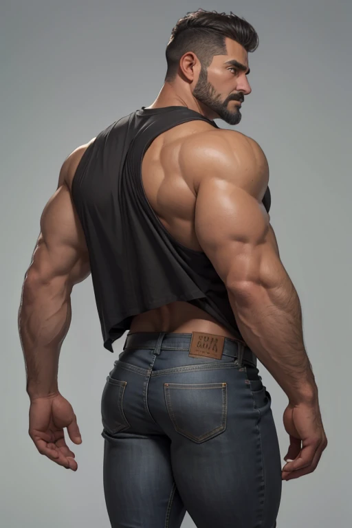 Obra maestra, mejor calidad, ultra detallado, 1 hombre de espaldas, macho maduro, muscular, pedazo, bara, deportista, carne de res, negro skin, negro, piel bronceada, latino, 36 years old, negro hair, gray fur, barbas de chivo, cabello demasiado cortado, mirando al espectador, serious expression, camiseta gris, Tiro de medio cuerpo, science fiction background, jeans backside bent over backside 