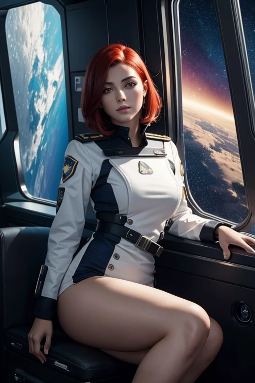 Una joven pelirroja sexy con pelo corto y uniforme espacial se sienta en un asiento en una nave espacial y la ventana puede mostrar hermosas estrellas