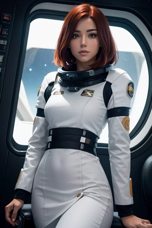 Una joven pelirroja sexy con pelo corto y uniforme espacial se sienta en un asiento en una nave espacial y la ventana puede mostrar hermosas estrellas