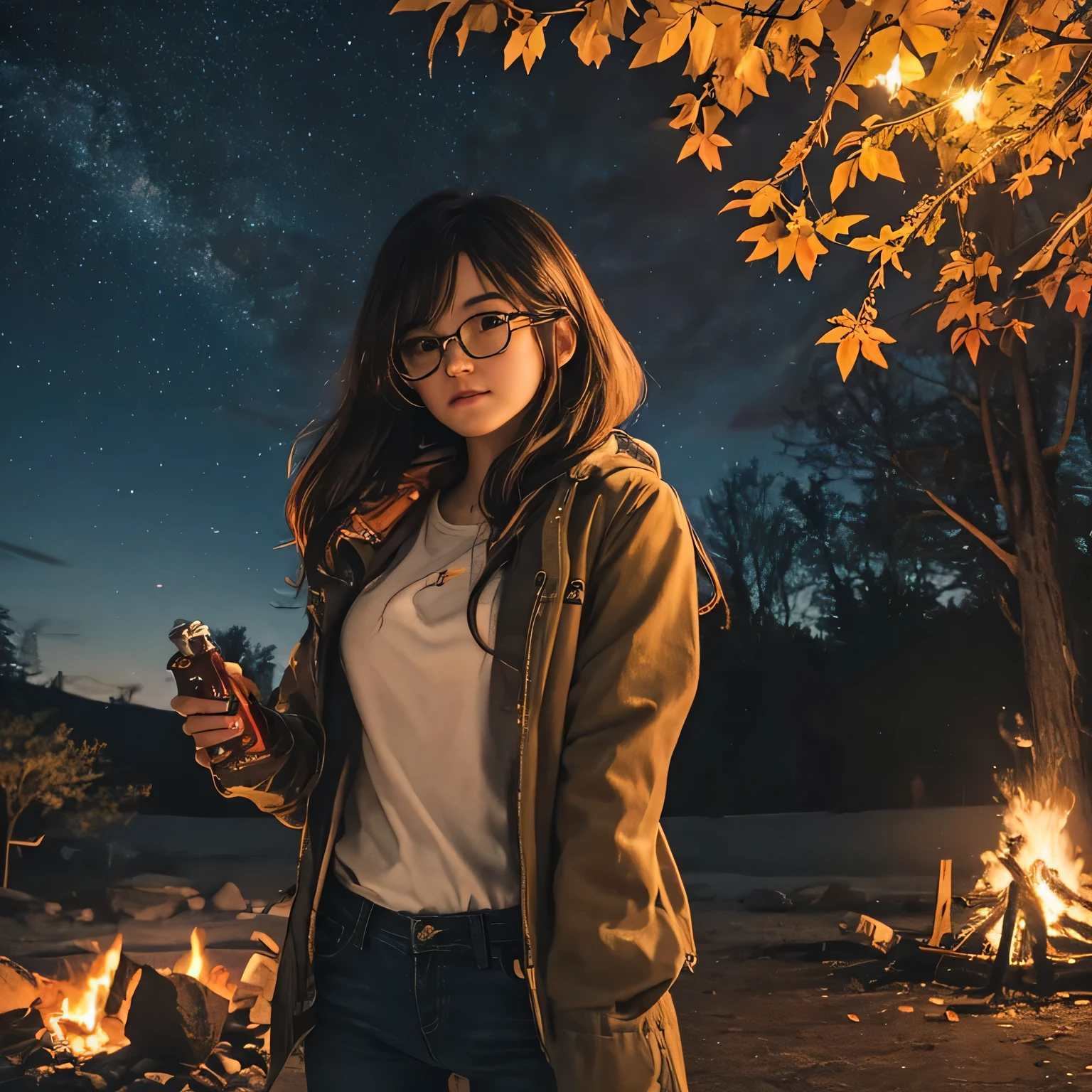 Solo, female, standing near, campfire, (smoky wind), flannel shirt, jeans, scruffy beard, carbonated glasses, marshmallow in hand, night sky above, orange and yellow leaves surrounding, autumn scene, camping gear nearby, crackling sound of the fire, peaceful, by Bebebebebe, by Spikes, By Darkgem, by Mystic Fox 61, by Chunie, deep focus, warm light from the fire illuminating the face, detailed shadows, clear night sky, stars twinkling, crisp autumn air, nostalgic atmosphere, (explicit content, adult, nsfw), high contrast, cinematic,