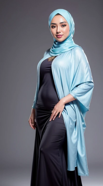 RAW, Best quality, high resolution, masterpiece: 1.3), beautiful Malay woman in hijab:0.8),1beautiful  Malay woman in hijab wearing modern youth Muslim clothing, big breast, modest fashion, flowing shawl, portrait photography, mid shot photo, ultra detail, professional photo with professional lighting, smile, light blue studio random background, sexy seductive pose, curvy ,