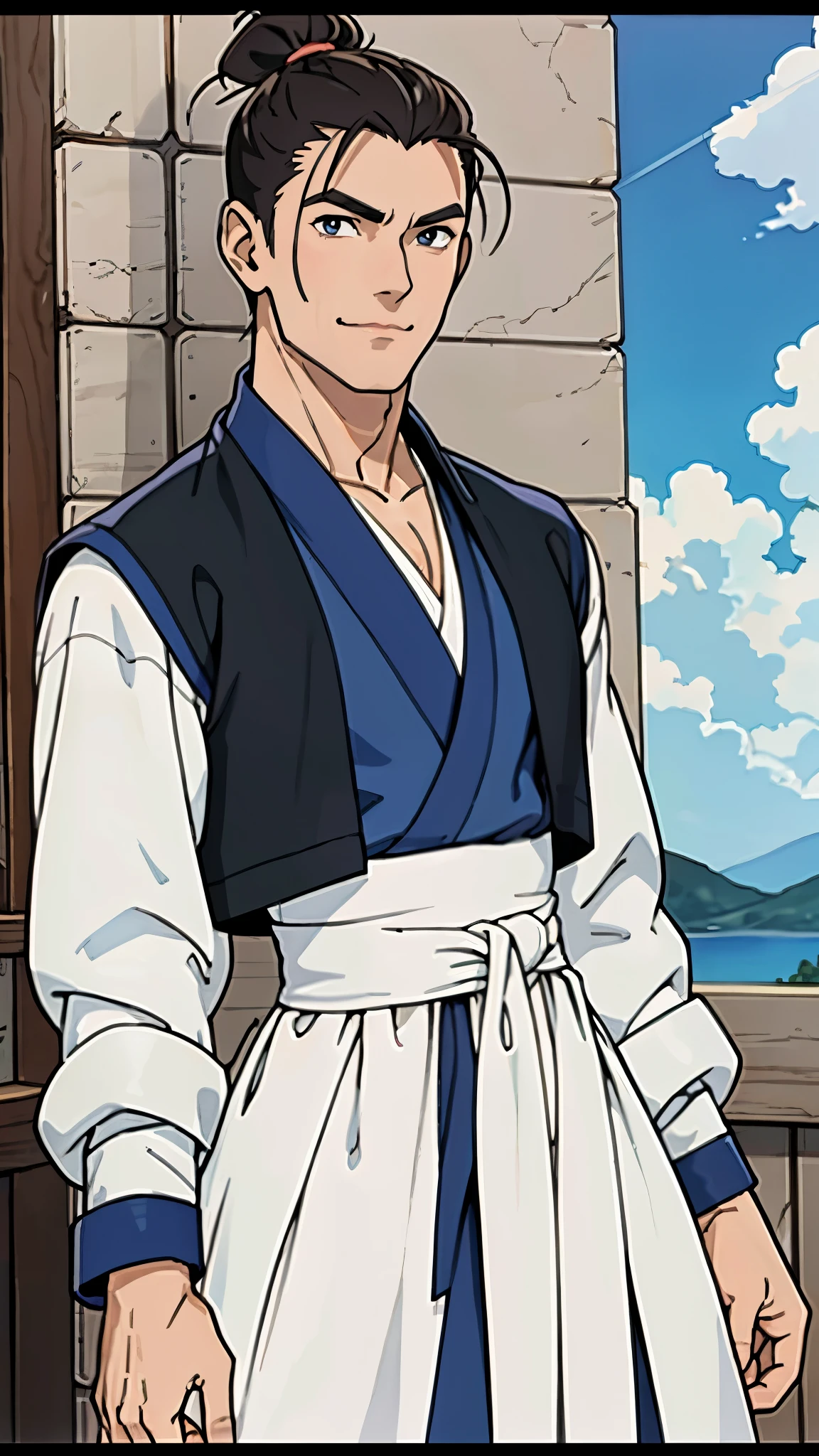 A man with short brown hair slicked back, topknot hairstyle, small center-parted fringe, deep eyes, straight eyebrows, long face, playful smile, a azure blue fantasy-style cloth vest jacket over a long-sleeved white undershirt, a black waistband, coarse cloth trousers the backdrop of a fantasy-style border outpost, this character embodies a finely crafted fantasy martial arts-style outpost worker in anime style, exquisite and mature manga art style, high definition, best quality, highres, ultra-detailed, ultra-fine painting, extremely delicate, professional, perfect body proportions, golden ratio, anatomically correct, symmetrical face, extremely detailed eyes and face, high quality eyes, creativity, RAW photo, UHD, 32k, Natural light, cinematic lighting, masterpiece-anatomy-perfect, masterpiece:1.5