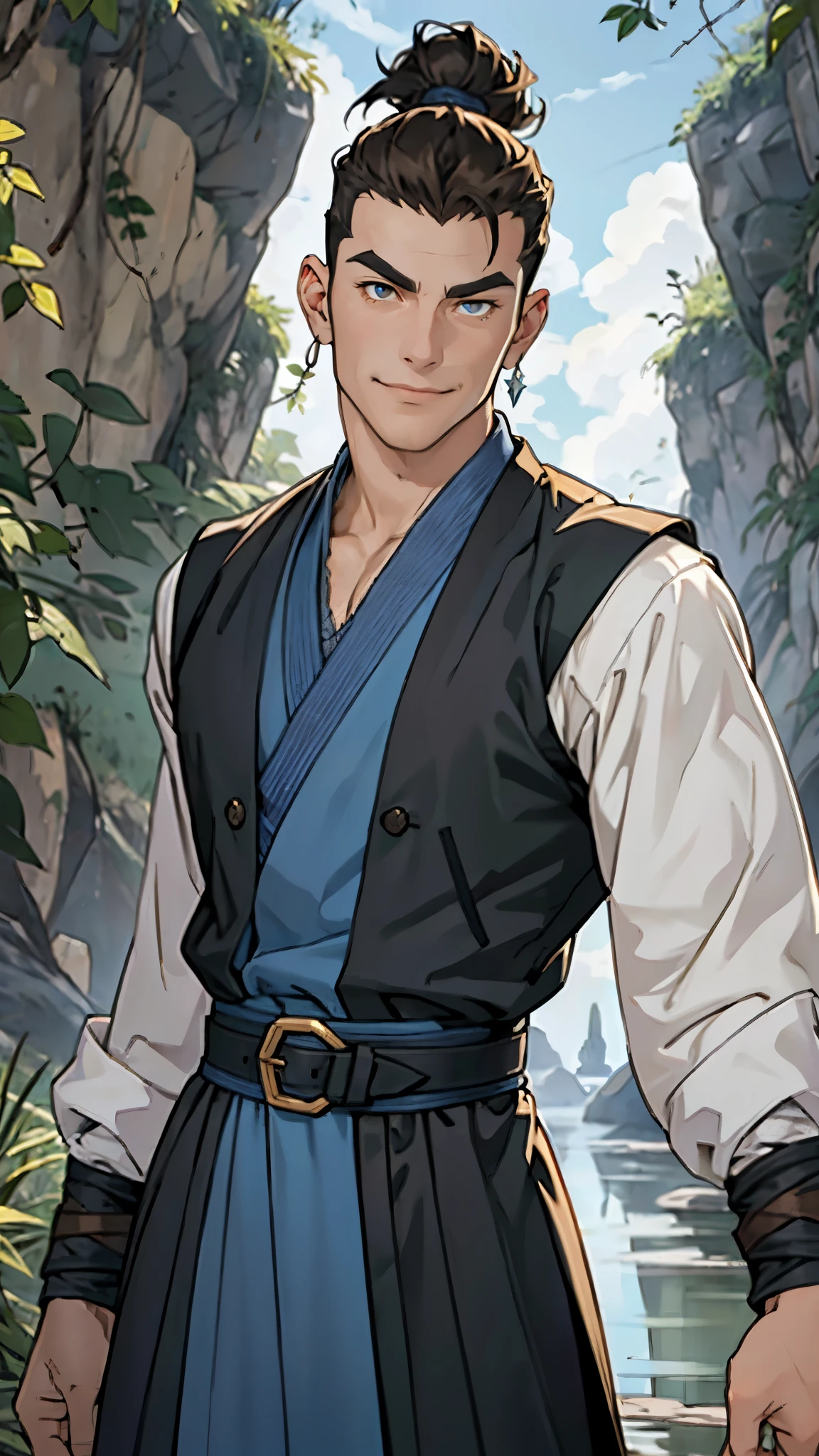 A man with short brown hair slicked back, topknot hairstyle, small center-parted fringe, deep eyes, straight eyebrows, long face, playful smile, a azure blue fantasy-style cloth vest jacket over a long-sleeved white undershirt, a black waistband, coarse cloth trousers the backdrop of a fantasy-style border outpost, this character embodies a finely crafted fantasy martial arts-style outpost worker in anime style, exquisite and mature manga art style, high definition, best quality, highres, ultra-detailed, ultra-fine painting, extremely delicate, professional, perfect body proportions, golden ratio, anatomically correct, symmetrical face, extremely detailed eyes and face, high quality eyes, creativity, RAW photo, UHD, 32k, Natural light, cinematic lighting, masterpiece-anatomy-perfect, masterpiece:1.5