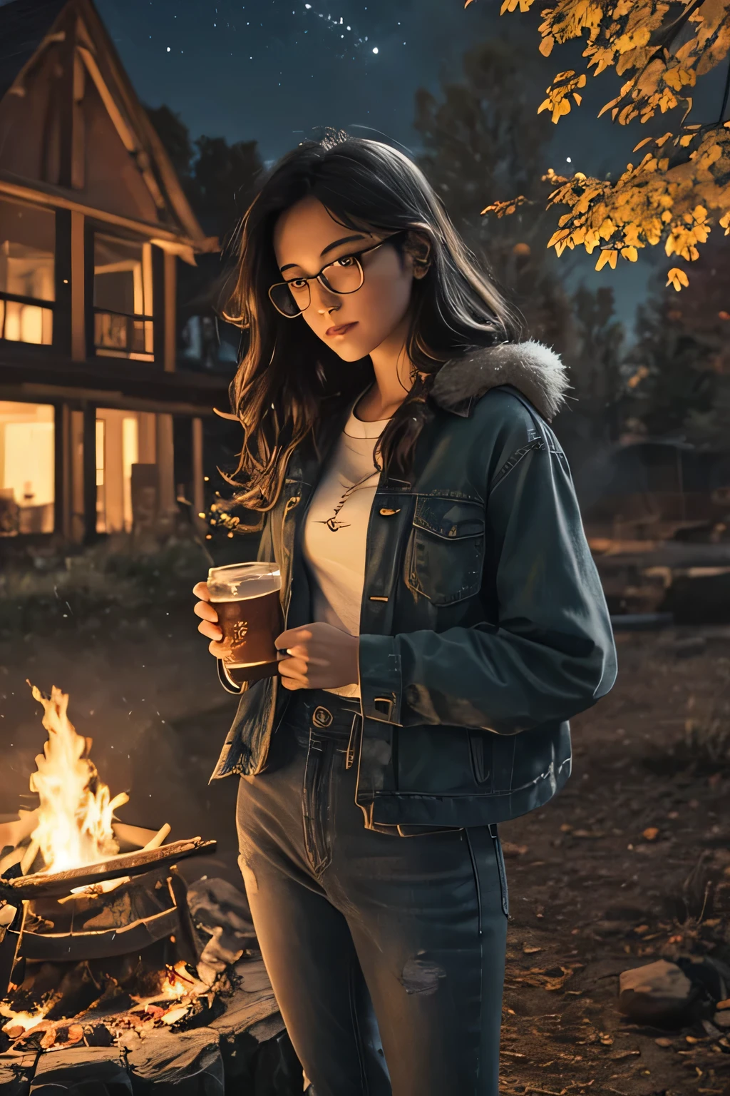 Solo, female, standing near, campfire, (smoky wind), flannel shirt, jeans, scruffy beard, carbonated glasses, marshmallow in hand, night sky above, orange and yellow leaves surrounding, autumn scene, camping gear nearby, crackling sound of the fire, peaceful, by Bebebebebe, by Spikes, By Darkgem, by Mystic Fox 61, by Chunie, deep focus, warm light from the fire illuminating the face, detailed shadows, clear night sky, stars twinkling, crisp autumn air, nostalgic atmosphere, (explicit content, adult, nsfw), high contrast, cinematic,