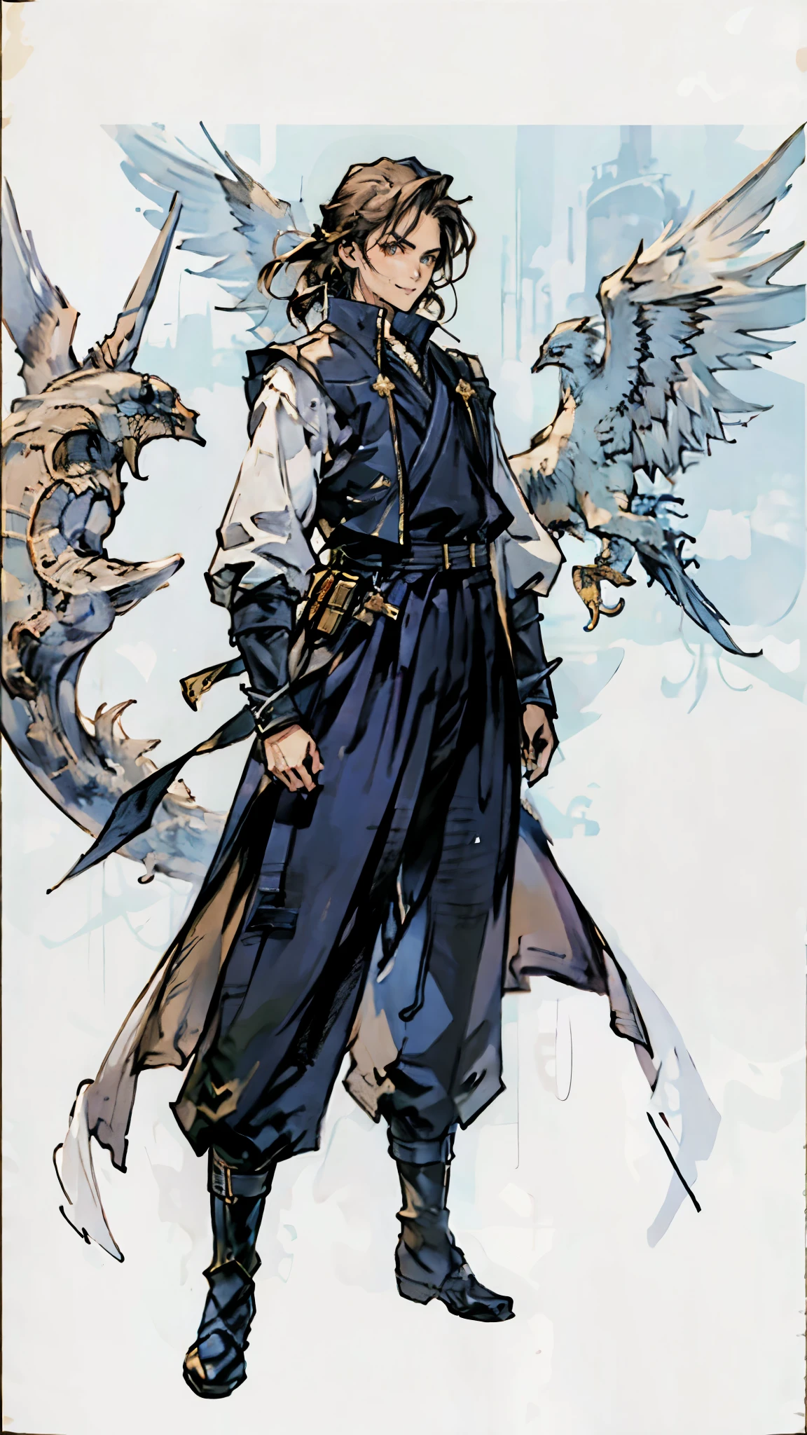 A man with short brown hair slicked back, topknot hairstyle, small center-parted fringe, deep eyes, straight eyebrows, long face, playful smile, a azure blue fantasy-style cloth vest jacket over a long-sleeved white undershirt, a black waistband, coarse cloth trousers the backdrop of a fantasy-style border outpost, this character embodies a finely crafted fantasy martial arts-style outpost worker in anime style, exquisite and mature manga art style, high definition, best quality, highres, ultra-detailed, ultra-fine painting, extremely delicate, professional, perfect body proportions, golden ratio, anatomically correct, symmetrical face, extremely detailed eyes and face, high quality eyes, creativity, RAW photo, UHD, 32k, Natural light, cinematic lighting, masterpiece-anatomy-perfect, masterpiece:1.5