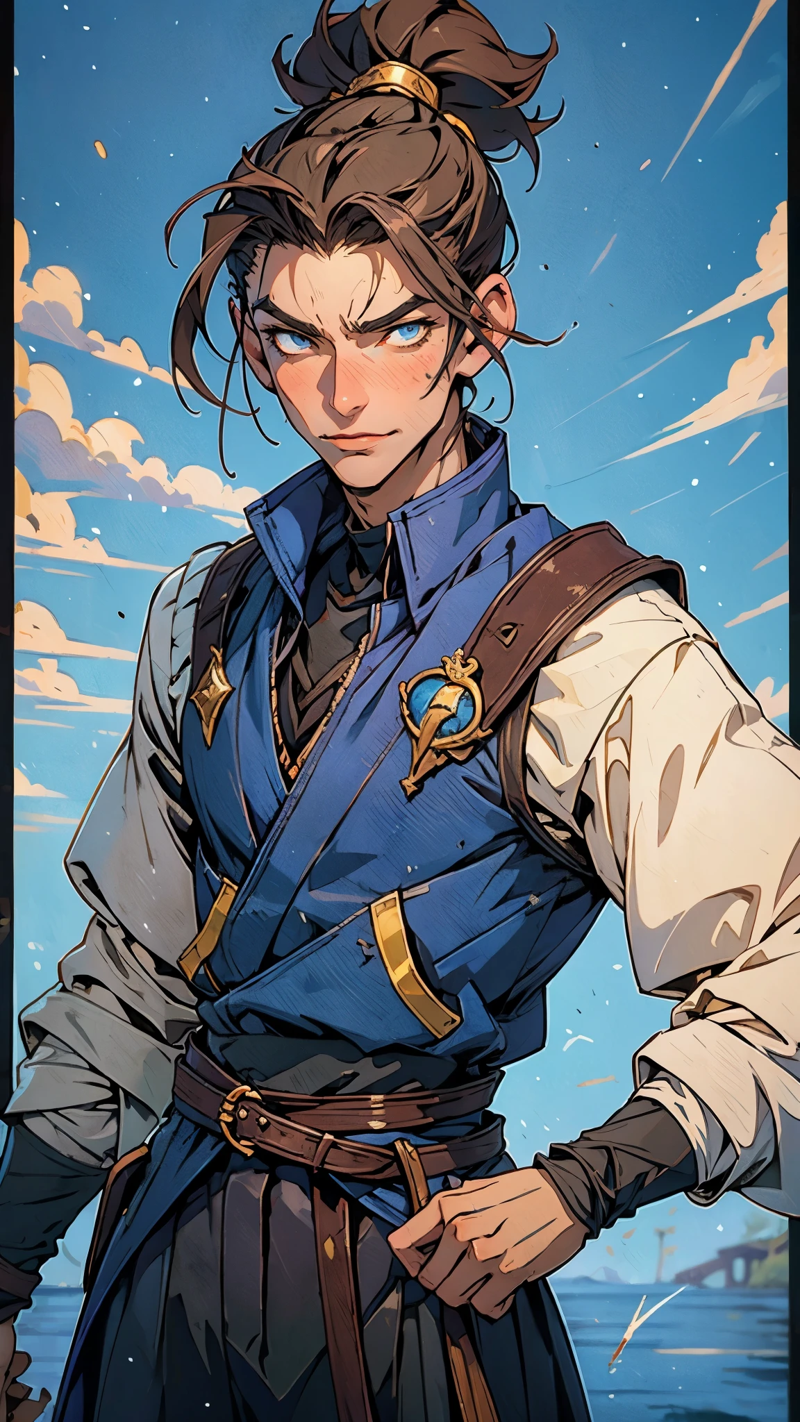 A man with short brown hair slicked back, topknot hairstyle, small center-parted fringe, deep eyes, straight eyebrows, long face, playful smile, a azure blue fantasy-style cloth vest jacket over a long-sleeved white undershirt, a black waistband, coarse cloth trousers the backdrop of a fantasy-style border outpost, this character embodies a finely crafted fantasy martial arts-style outpost worker in anime style, exquisite and mature manga art style, high definition, best quality, highres, ultra-detailed, ultra-fine painting, extremely delicate, professional, perfect body proportions, golden ratio, anatomically correct, symmetrical face, extremely detailed eyes and face, high quality eyes, creativity, RAW photo, UHD, 32k, Natural light, cinematic lighting, masterpiece-anatomy-perfect, masterpiece:1.5