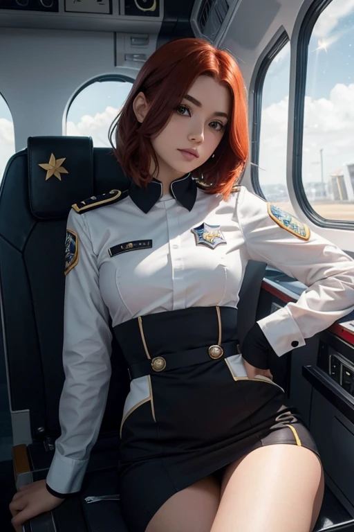 Una joven pelirroja sexy con pelo corto y uniforme espacial se sienta en un asiento en unavion de guerra y la ventana puede mostrar hermosas estrellas