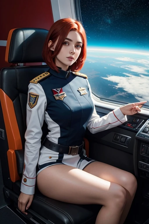 Una joven pelirroja sexy con pelo corto y uniforme espacial se sienta en un asiento en unavion de guerra y la ventana puede mostrar hermosas estrellas