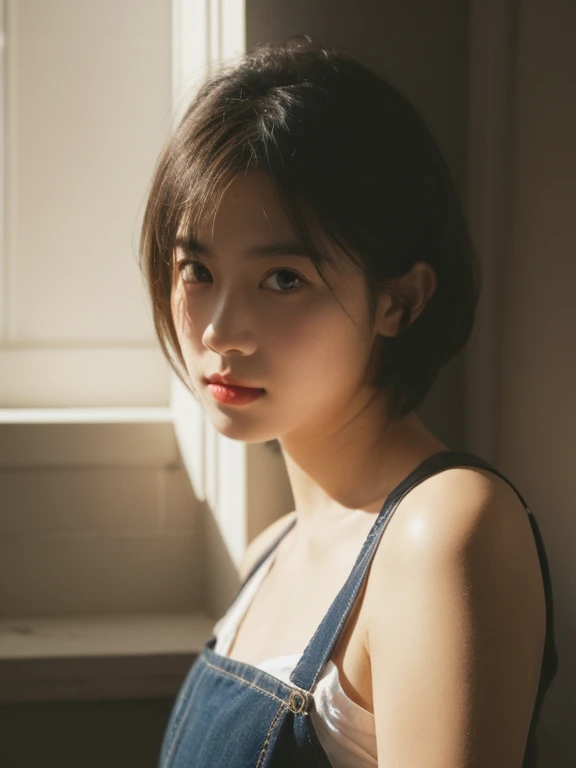  masterpiece, Ultra-high resolution, original photo, 1 girl, cute，Suspenders， Dark environment, Deep shadows, Unobtrusive, A ray of sunlight shines through the window onto my face, front， short hair，Movie Light，Top quality