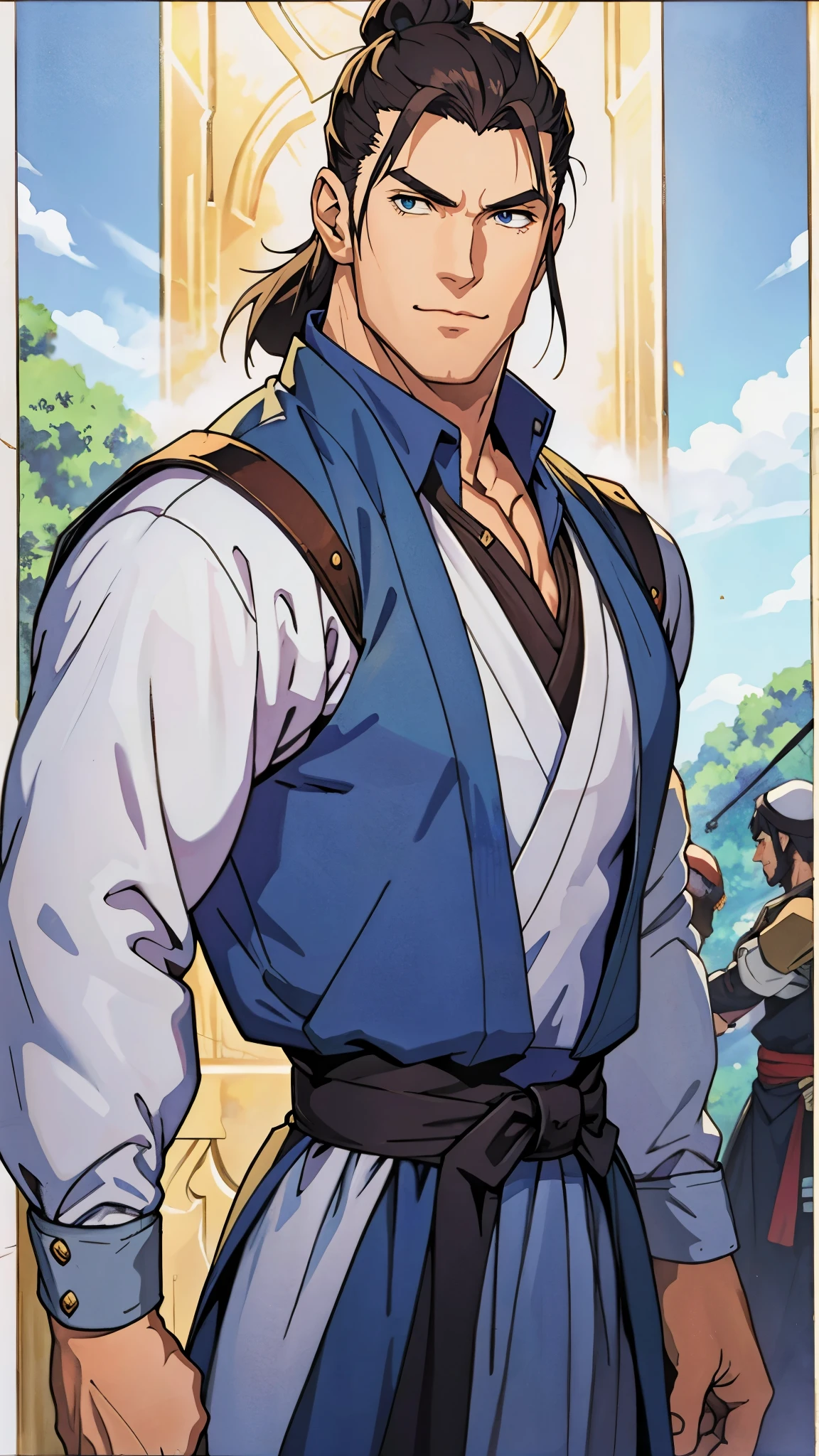 A man with short brown hair slicked back, topknot hairstyle, small center-parted fringe, deep eyes, straight eyebrows, long face, playful smile, a azure blue fantasy-style cloth vest jacket over a long-sleeved white undershirt, a black waistband, coarse cloth trousers the backdrop of a fantasy-style border outpost, this character embodies a finely crafted fantasy martial arts-style outpost worker in anime style, exquisite and mature manga art style, high definition, best quality, highres, ultra-detailed, ultra-fine painting, extremely delicate, professional, perfect body proportions, golden ratio, anatomically correct, symmetrical face, extremely detailed eyes and face, high quality eyes, creativity, RAW photo, UHD, 32k, Natural light, cinematic lighting, masterpiece-anatomy-perfect, masterpiece:1.5