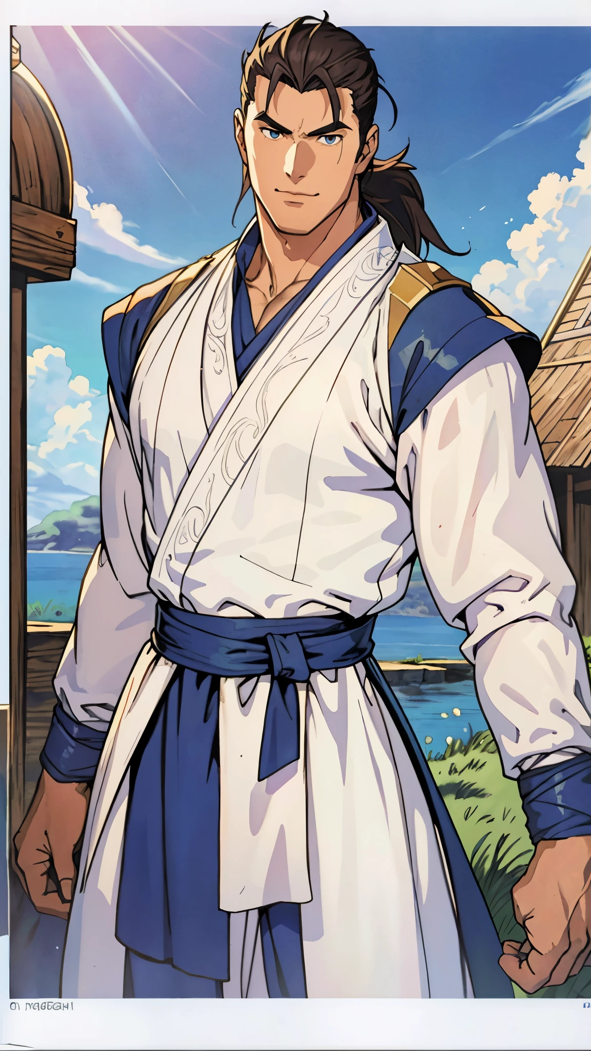 A man with short brown hair slicked back, topknot hairstyle, small center-parted fringe, deep eyes, straight eyebrows, long face, playful smile, a azure blue fantasy-style cloth vest jacket over a long-sleeved white undershirt, a black waistband, coarse cloth trousers the backdrop of a fantasy-style border outpost, this character embodies a finely crafted fantasy martial arts-style outpost worker in anime style, exquisite and mature manga art style, high definition, best quality, highres, ultra-detailed, ultra-fine painting, extremely delicate, professional, perfect body proportions, golden ratio, anatomically correct, symmetrical face, extremely detailed eyes and face, high quality eyes, creativity, RAW photo, UHD, 32k, Natural light, cinematic lighting, masterpiece-anatomy-perfect, masterpiece:1.5