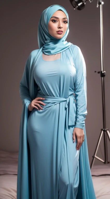 RAW, Best quality, high resolution, masterpiece: 1.3), beautiful Malay woman in hijab:0.8),1beautiful Malay woman in hijab wearing modern youth Muslim clothing, laurenphillips, big breast, modest fashion, flowing shawl, portrait photography, mid shot photo, ultra detail, professional photo with professional lighting, smile, light blue studio random background, sexy seductive pose, curvy ,