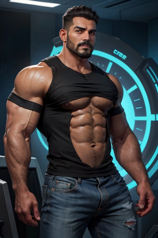 Obra maestra, mejor calidad, ultra detallado, 1 hombre, macho maduro, muscular, pedazo, bara, deportista, carne de res, negro skin, negro, piel bronceada, latino, 36 years old, negro hair, gray fur, barbas de chivo, cabello demasiado cortado, mirando al espectador, serious expression, camiseta gris, Tiro de medio cuerpo, science fiction background, jeans 