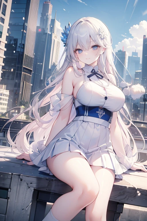 official art, masterpiece, sharp focus, (beautiful gorgeous cute Korean woman:1.3), (beautiful cute korean:1.3), korean beauty, Delicate and beautiful hair and eyes and face, realistic, ultra detailed, beautiful girl, blue sky, glow white particle, (sidelighting:1.2), sun light, white cloud, detailed clouds, slender, Lovely very large breasts and very large hips, smile with teeth, ((smile with eyes, open both eyes)), scenery, long straight hair, sexy facial expression, building, (cityscape:1.7), dynamic hair, long straight hair, detailed platinum pink hair, glow blue eyes, (blue pleated shirts + white skirt), white long socks, pale skin, hair ornament, epic scenery,