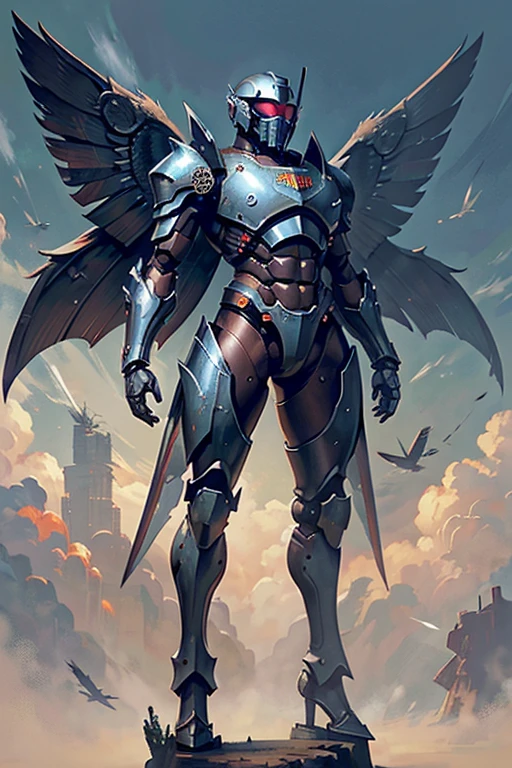 machine, automaton, military, robot, soldier, communist, solo, simple background, humanoid, Russian, soviet, tubing, dark, tubing, helmet tubing, chest tubing, solo, wings, mech, tall, massive, titan, large wings, pilot, large wingspan, armored, winged, visor, mechanical wings, jetpack, jet boots, flying, heavy armor, no skin, covered skin, covered in armor, huge wings, massive wings, gigantic, large, massive, thick armor, 