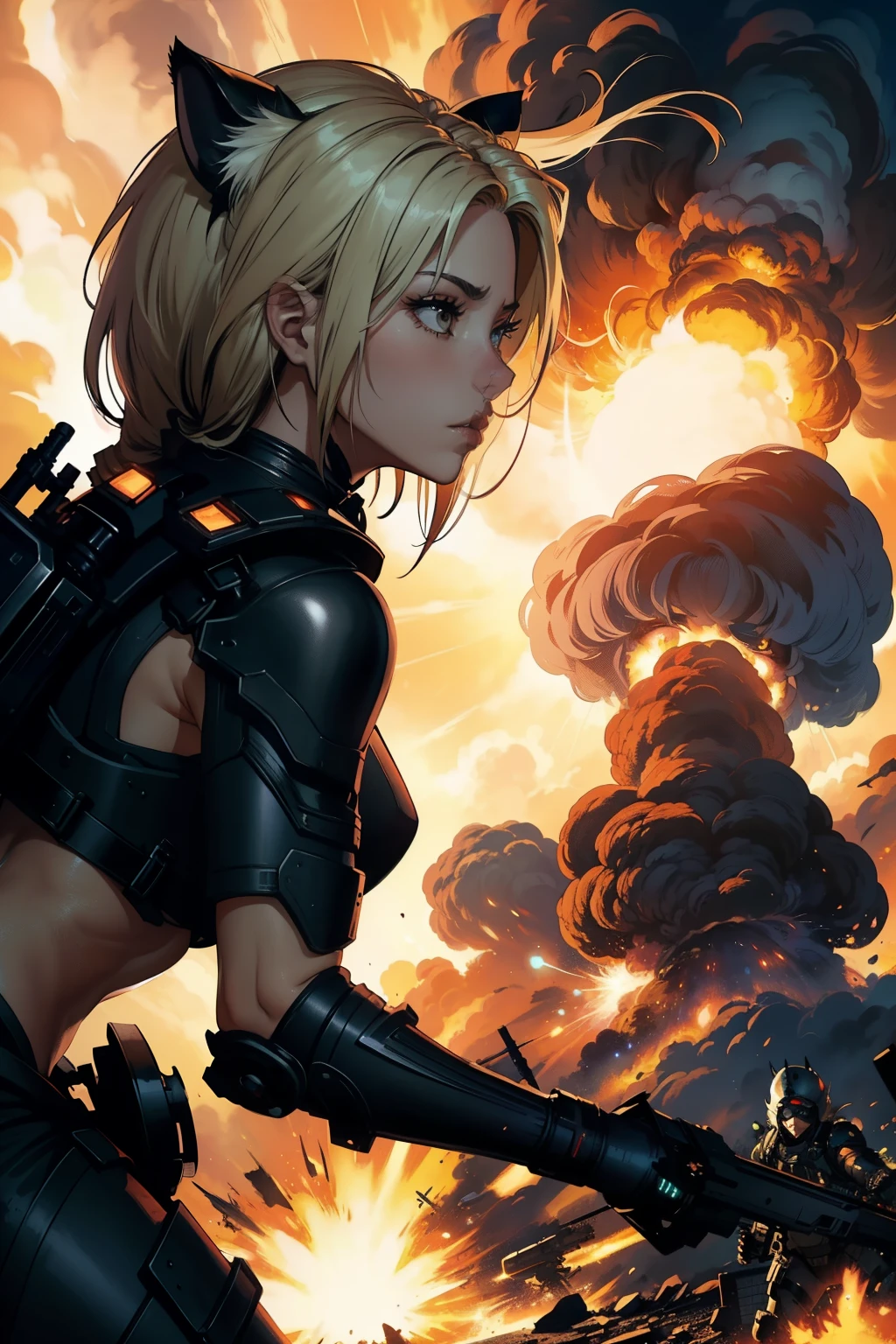((highest quality)), ((masterpiece)), (be familiar with), (High definition), 8K, Perfect Face、2Women、Two blonde women with cat ears、((Being caught in an explosion:1.3))、(They're both blown away:1.4)、tall、2 Blonde cat ears、2. Long Hair、2. Volumetric hair style、big breasts、Narrow waist、Big Ass、glamorous、Alluring、protector、Armor、combat suit、combat boots、Armament、Equipped with large firearms、Cinematic、Best Shadow、Side lighting、NEO TOKYO、riot、(Big Explosion)、tank、helicopter、(Close-up of face)