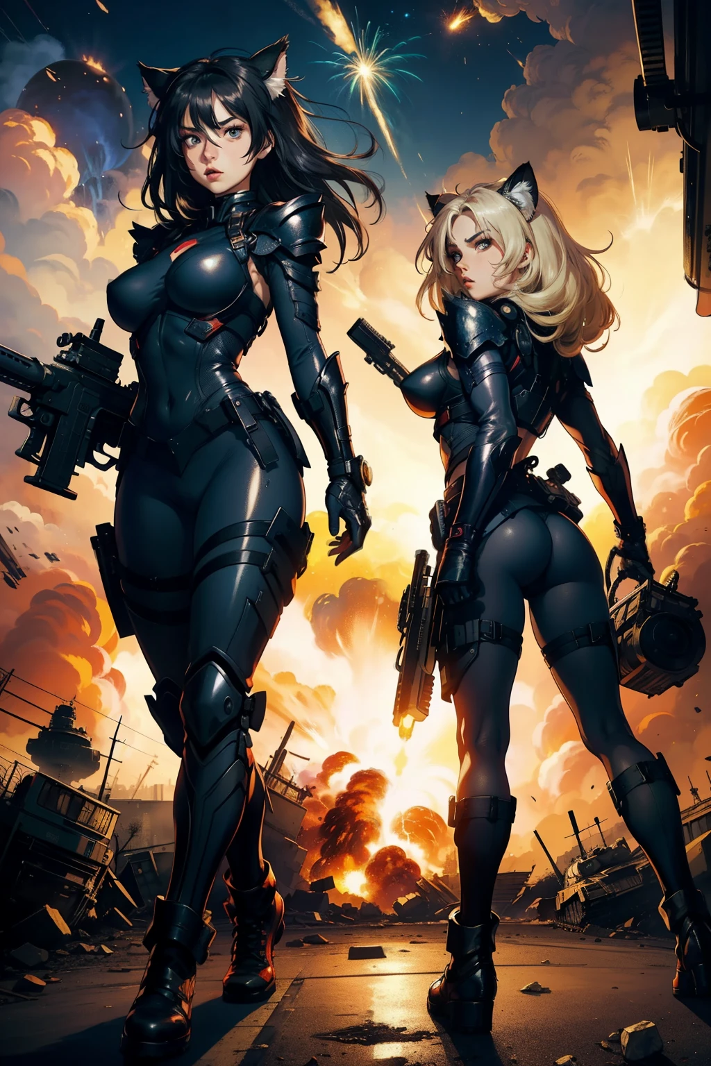((highest quality)), ((masterpiece)), (be familiar with), (High definition), 8K, Perfect Face、2Women、Two blonde women with cat ears、((Being caught in an explosion:1.3))、(They&#39;re both blown away:1.4)、tall、2 Blonde cat ears、2. Long Hair、2. Volumetric hair style、big breasts、Narrow waist、Big Ass、glamorous、Alluring、protector、Armor、combat suit、combat boots、Armament、Equipped with large firearms、Cinematic、Best Shadow、Side lighting、NEO TOKYO、riot、(Big Explosion)、tank、helicopter、(Close-up of face)
