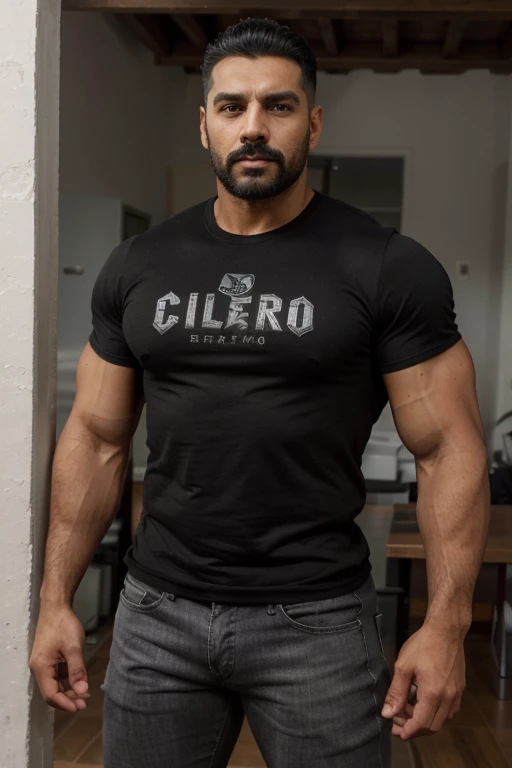 Obra maestra, mejor calidad, ultra detallado, 1 hombre, macho maduro, muscular, pedazo, bara, deportista, carne de res, negro skin, negro, piel bronceada, latino, 36 years old, negro hair, gray fur, barbas de chivo, cabello demasiado cortado, mirando al espectador, serious expression, camiseta gris, Tiro de medio cuerpo, science fiction background, jeans 