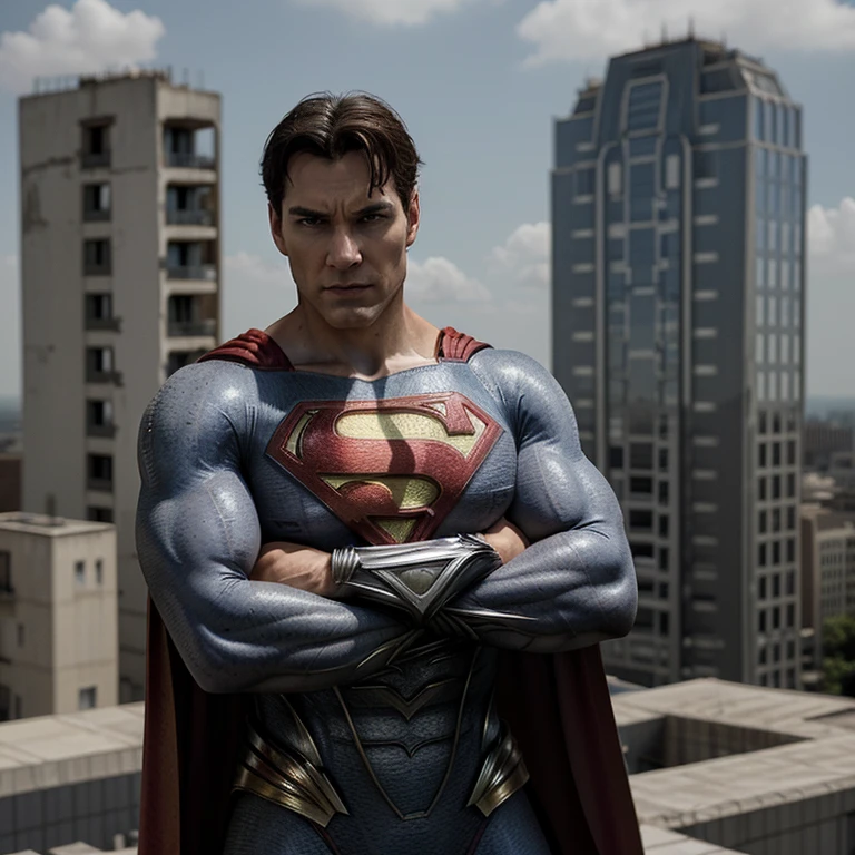 Un superman entier vole, Hero, arms crossed, cheveux gris, en haut des building 