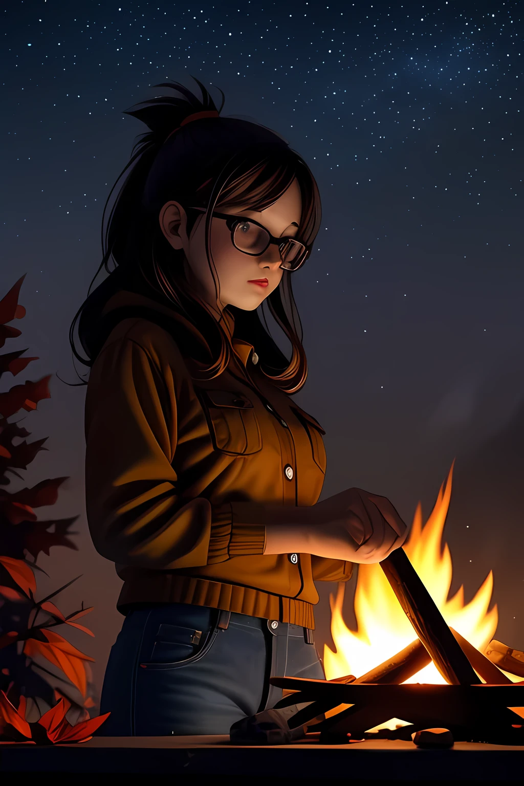 Solo, female, standing near, campfire, (smoky wind), flannel shirt, jeans, scruffy beard, carbonated glasses, marshmallow in hand, night sky above, orange and yellow leaves surrounding, autumn scene, camping gear nearby, crackling sound of the fire, peaceful, by Bebebebebe, by Spikes, By Darkgem, by Mystic Fox 61, by Chunie, deep focus, warm light from the fire illuminating the face, detailed shadows, clear night sky, stars twinkling, crisp autumn air, nostalgic atmosphere, (explicit content, adult, nsfw), high contrast, cinematic, 