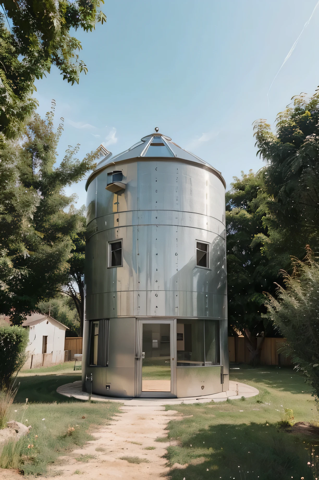 A small metal grain warehouse silo, transformado en vivienda con puertas y ventanas de cristal, situado en un campo con un camino sinuante de grava bordeado de flores,