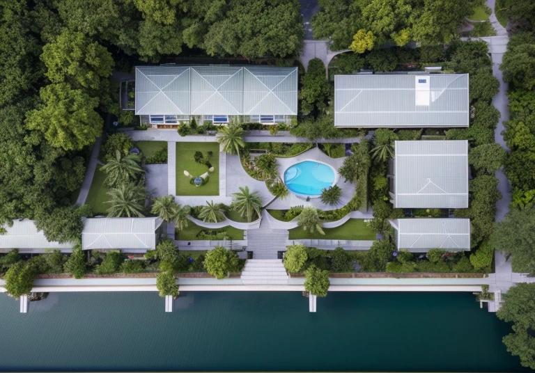 RAW photo, real, best quality, view from above looking down, green planning, overall project perspective, 60% green tree density, tropical architecture, winding walkway along the park, green park, 
beautiful lake park, located around people's houses, scale, very very very high details, beautiful nightsky, real sky