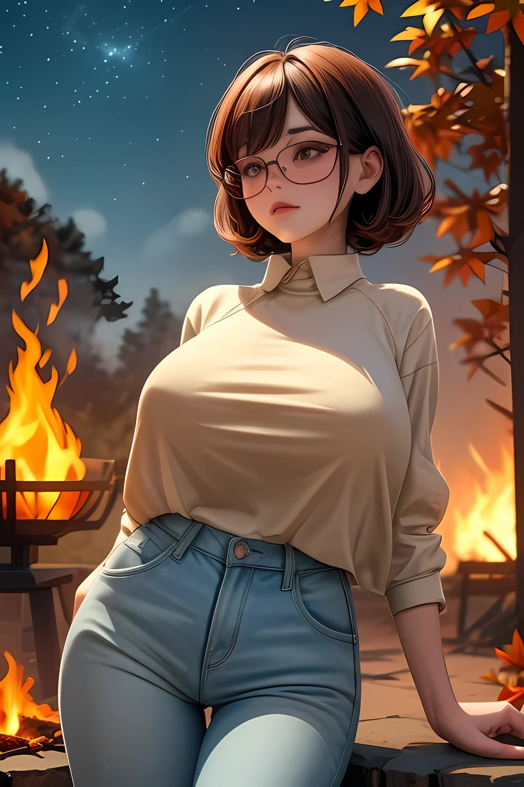 Solo, female, standing near, campfire, (smoky wind), flannel shirt, jeans, scruffy beard, carbonated glasses, marshmallow in hand, night sky above, orange and yellow leaves surrounding, autumn scene, camping gear nearby, crackling sound of the fire, peaceful, by Bebebebebe, by Spikes, By Darkgem, by Mystic Fox 61, by Chunie, deep focus, warm light from the fire illuminating the face, detailed shadows, clear night sky, stars twinkling, crisp autumn air, nostalgic atmosphere, (explicit content, adult, nsfw), high contrast, cinematic, 