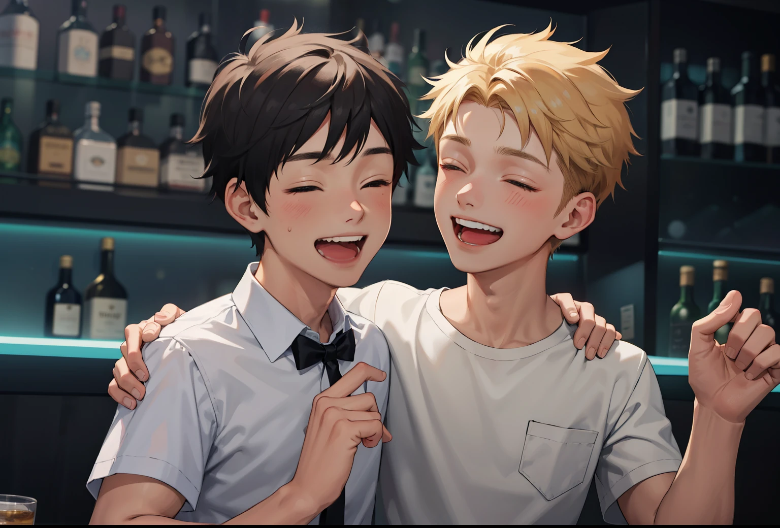 two 14 year old boys are dancing and laughing in a bar with all their friends 