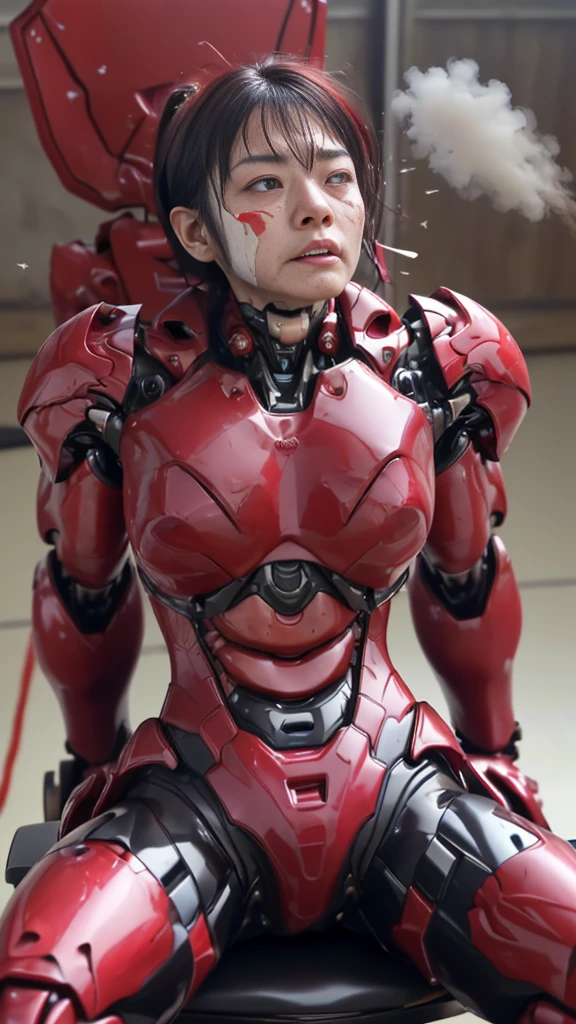 Rough skin, Very detailed, Advanced Details, high quality, 最high quality, High resolution, 1080P 、、Red Armor、Wearing red and black、cute((During a break))(Wearing a damaged female robot suit...)(Red Armor)(Broken Armor)Black Hair、、Soaking wet、Soaked Face　Put the headgear aside　Beautiful Face、Hot look　knock down、よだれing from the mouth、Middle-aged women　(Steam coming out of the face) ((Steam from the body)) Sit on a chair　Filming location　I can see the vagina　Open the crotch to the front　look up