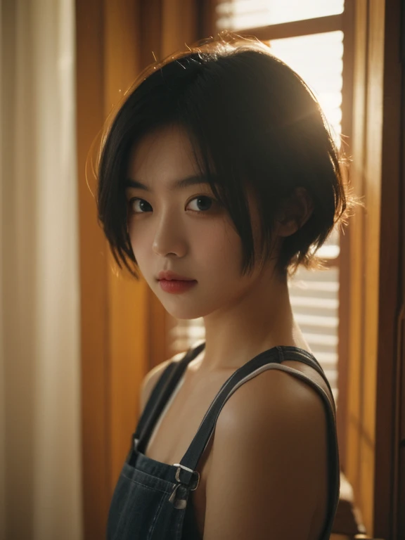  masterpiece, Ultra-high resolution, original photo, 1 girl, cute，Suspenders， Dark environment, Deep shadows, Unobtrusive, A ray of sunlight shines through the window onto my face, front， short hair，Movie Light，Top quality